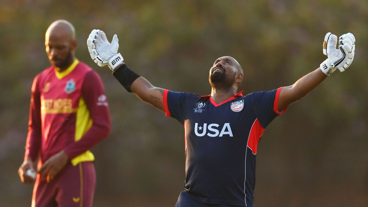 Gajanand Singh of USA celebrates his century during the ICC Men's Cricket World Cup Qualifier Zimbabwe 2023 match between West Indies and USA at Takashinga Cricket Club on June 18, 2023 in Harare, Zimbabwe_.jpg