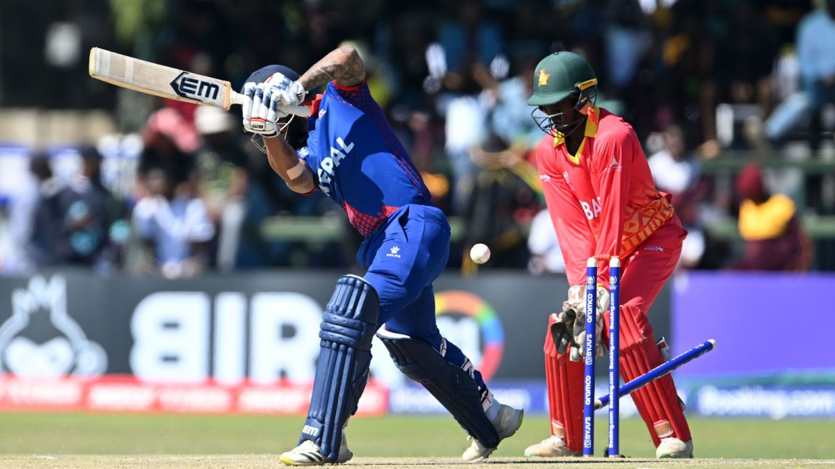 Kushal Bhurtel of Nepal is bowled out, after reaching 99 runs, during the ICC Men's Cricket World Cup Qualifier Zimbabwe 2023 match between Zimbabwe and Nepal at Harare Sports Club on June 18, 2023 in Harare, Zimbab.jpg