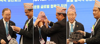 राष्ट्रसंघका पूर्वमहासचिव मुनलाई मन्त्री मोदीले दिए ढाका टोपी उपहार