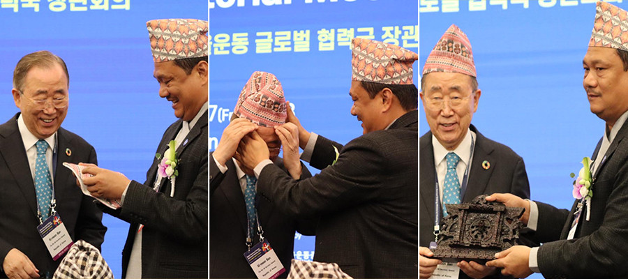 राष्ट्रसंघका पूर्वमहासचिव मुनलाई मन्त्री मोदीले दिए ढाका टोपी उपहार